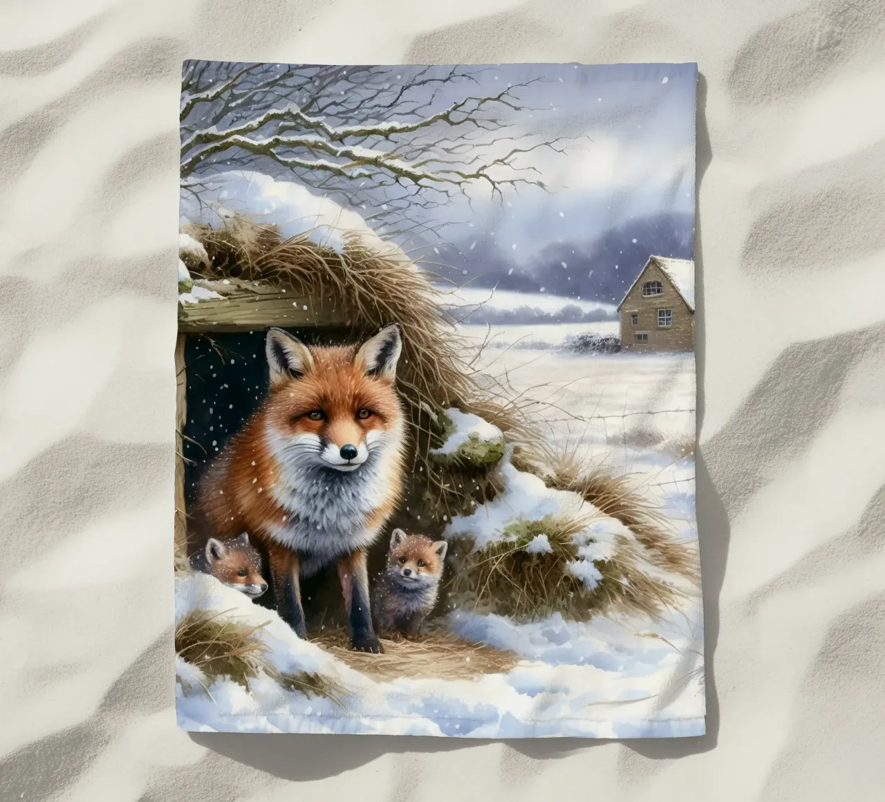 Cuccioli di volpe in inverno telo mare da ARTOMATIC