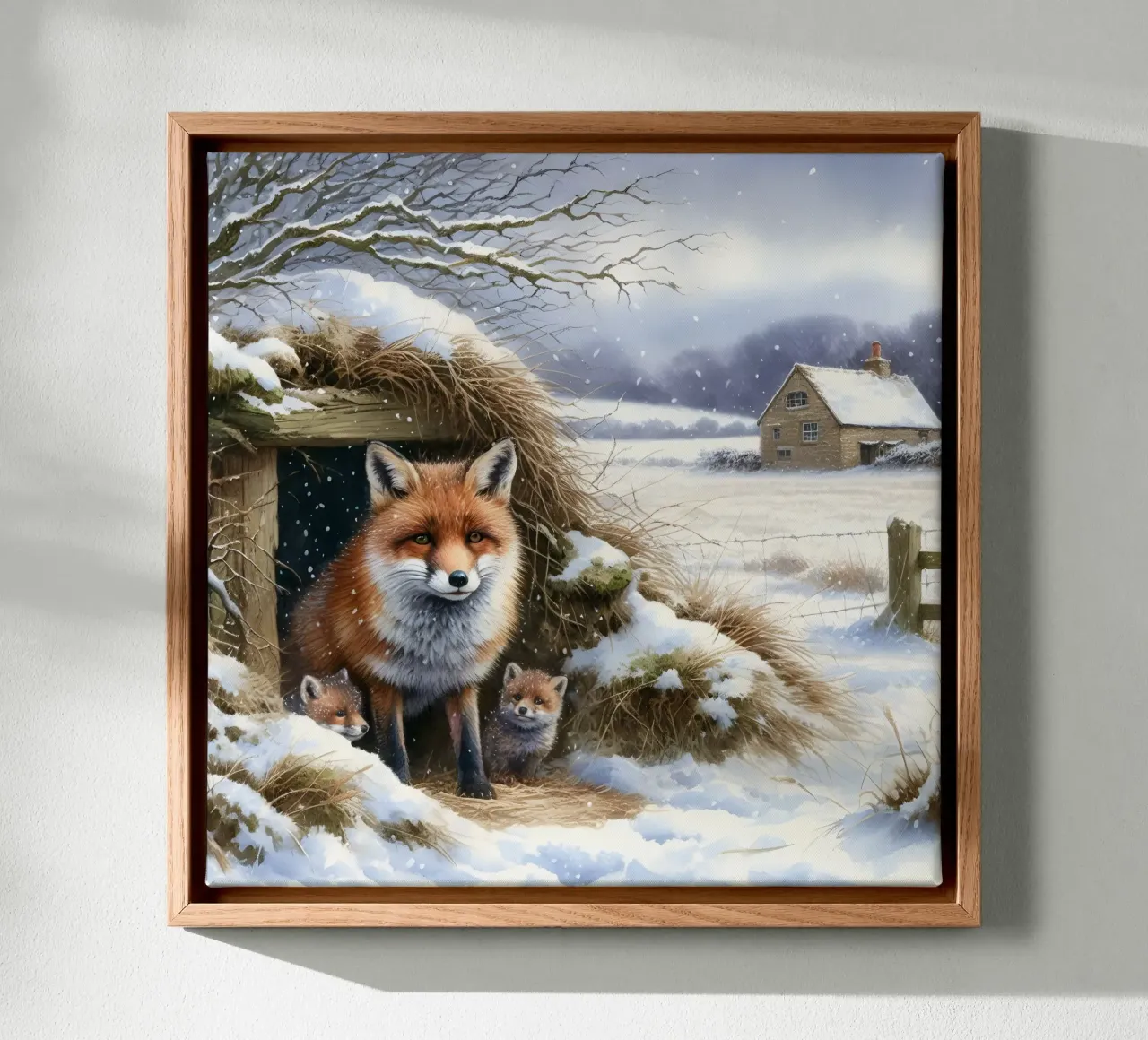 Cachorros de zorro en invierno lienzo con Marco flotante de ARTOMATIC