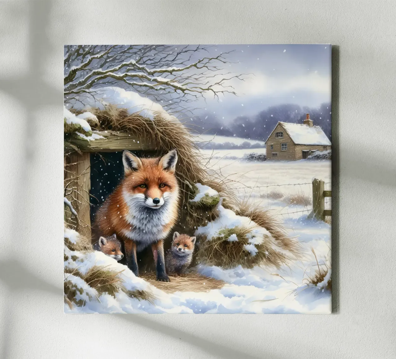 Cachorros de zorro en invierno lienzo con Marco flotante de ARTOMATIC