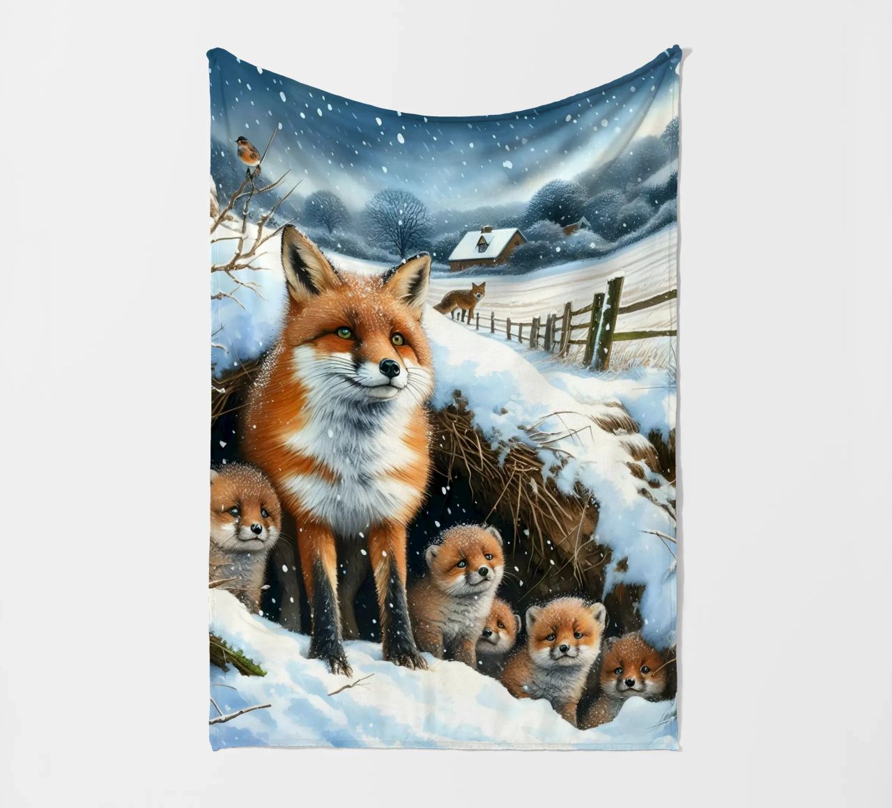 Volpe e cuccioli a Natale coperta in pile da ARTOMATIC