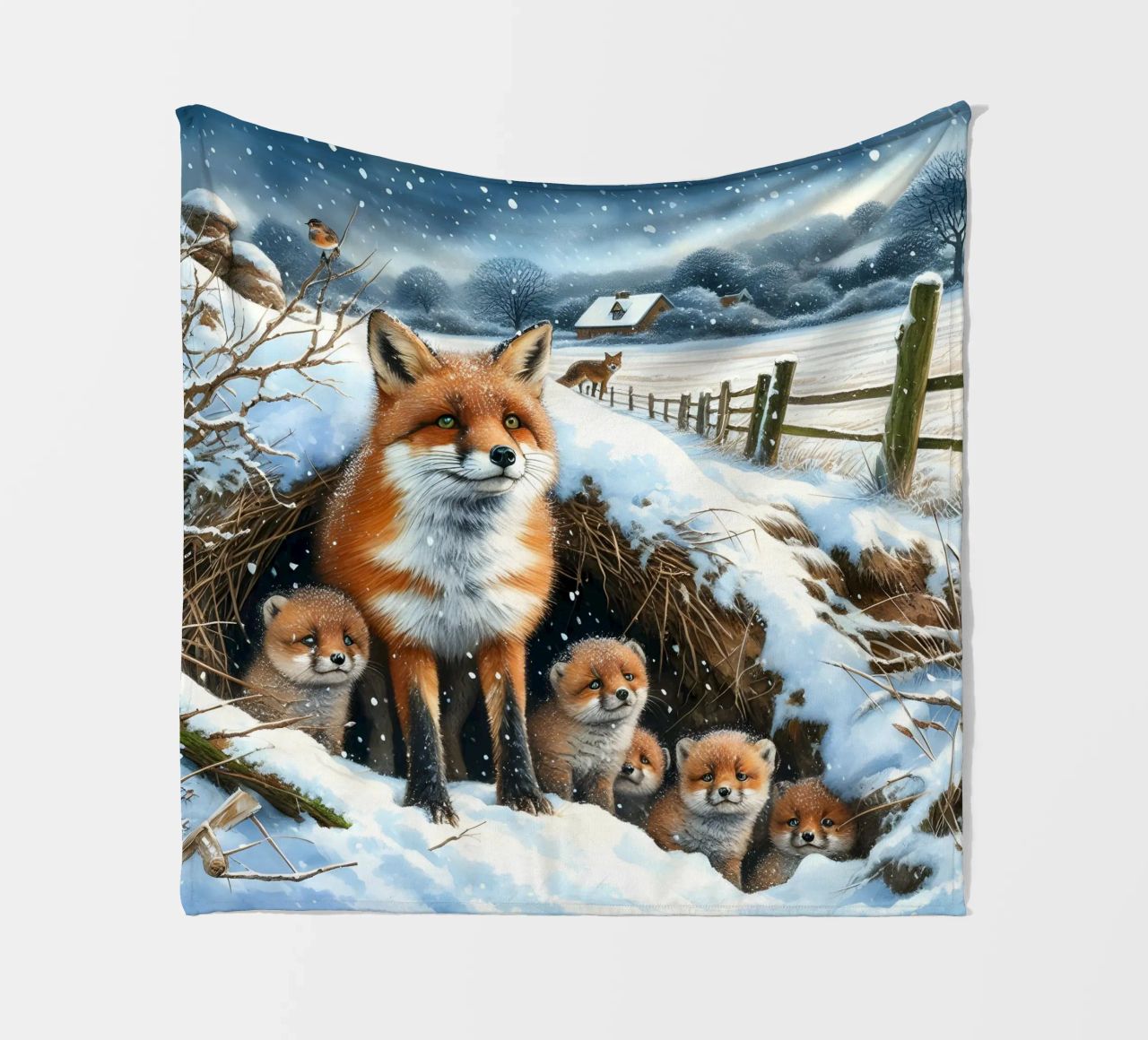 Volpe e cuccioli a Natale coperta in pile da ARTOMATIC