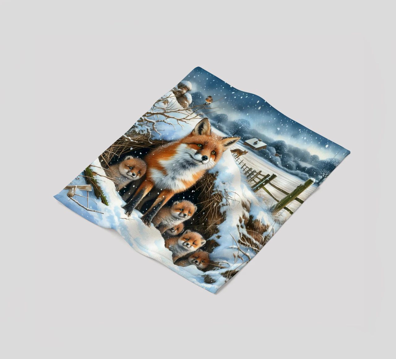 Volpe e cuccioli a Natale coperta in pile da ARTOMATIC