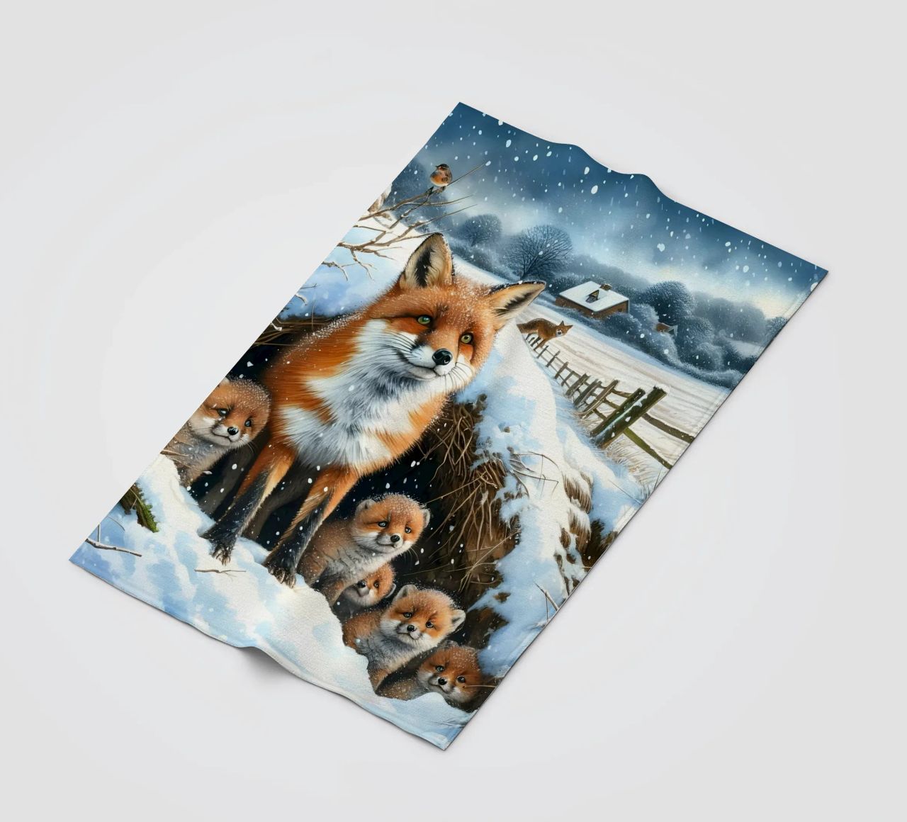 Volpe e cuccioli a Natale coperta in pile da ARTOMATIC