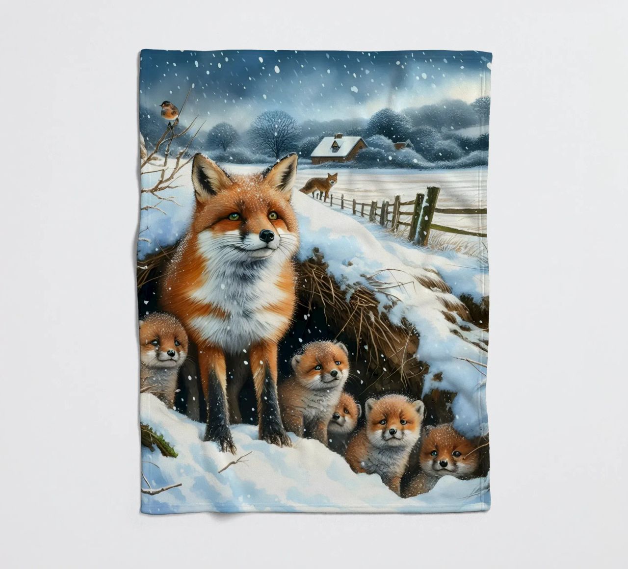 Volpe e cuccioli a Natale coperta in pile da ARTOMATIC
