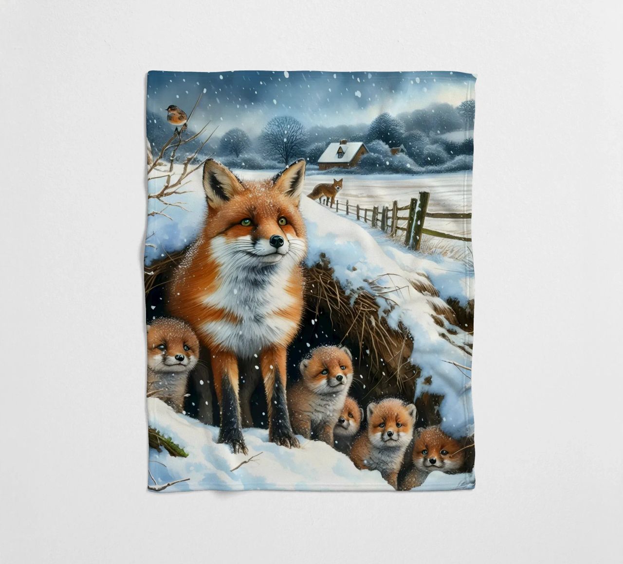 Volpe e cuccioli a Natale coperta in pile da ARTOMATIC