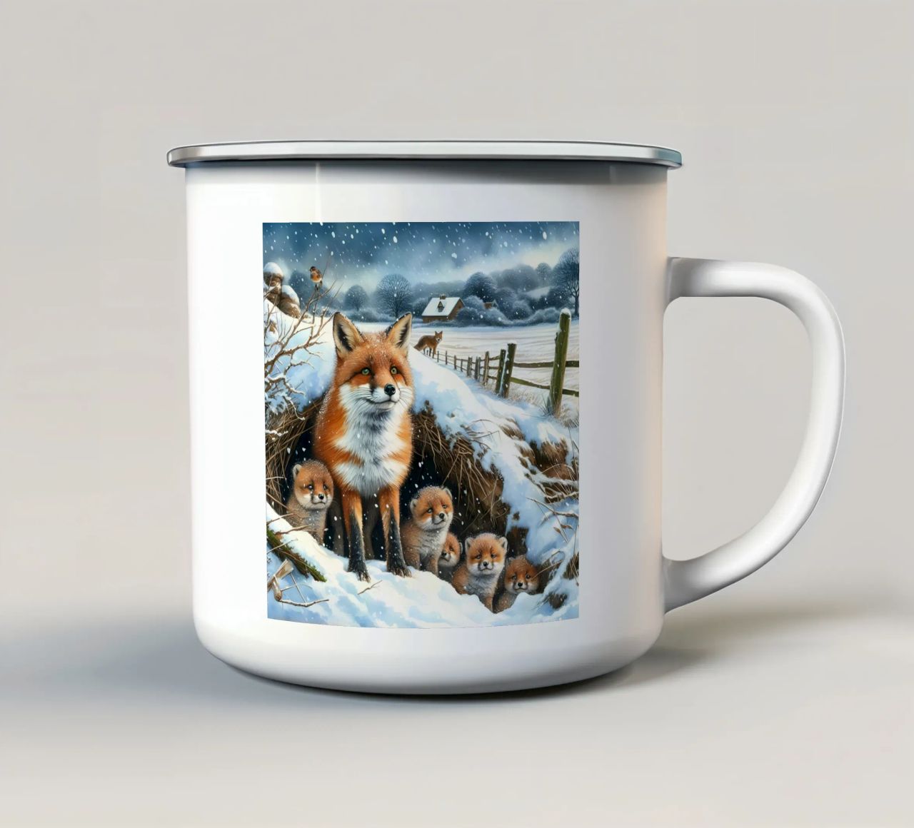 Volpe e cuccioli a Natale tazza in smalto da ARTOMATIC