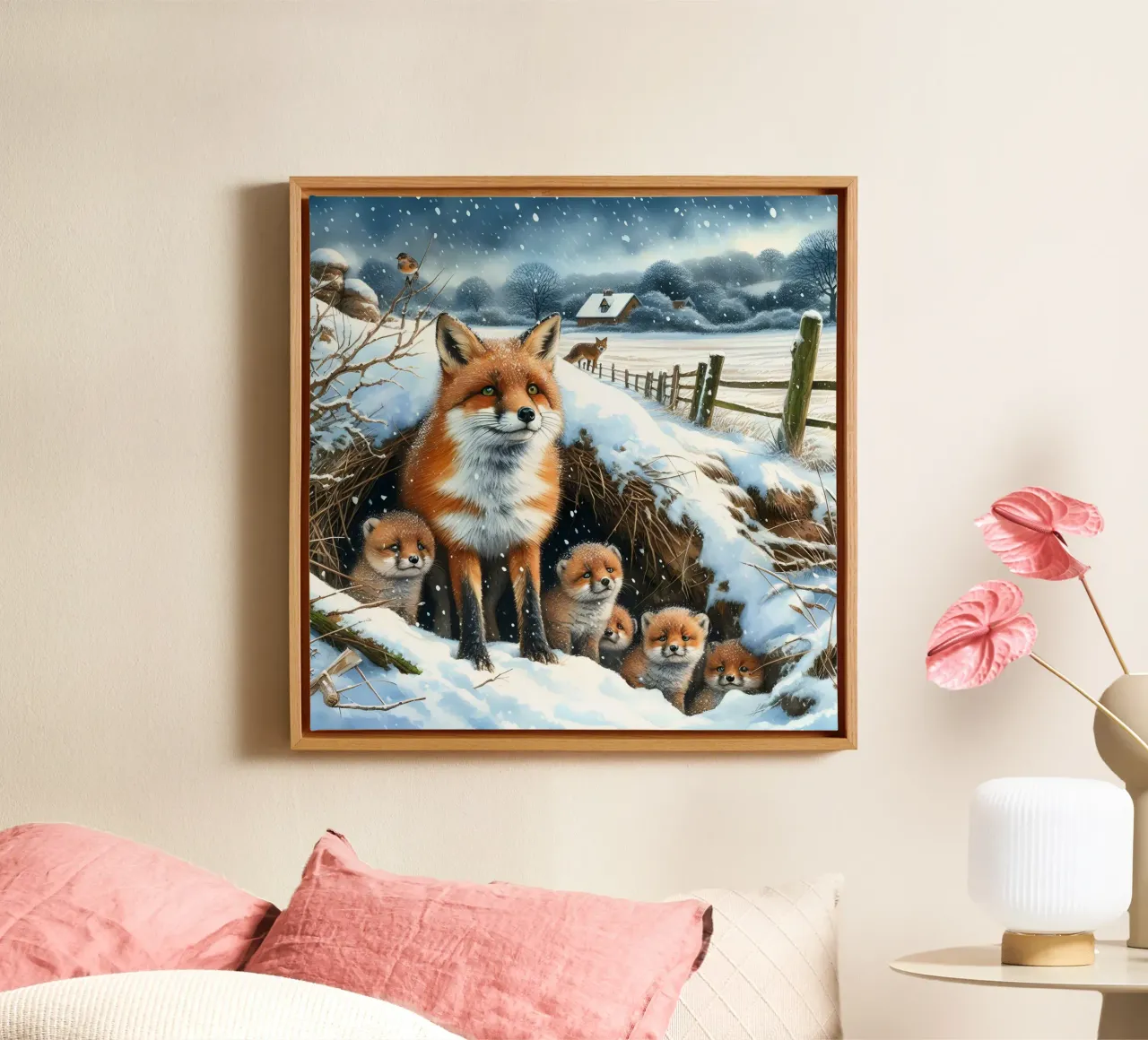 Fox And Cubs At Christmas canvas with Floater frame by ARTOMATIC