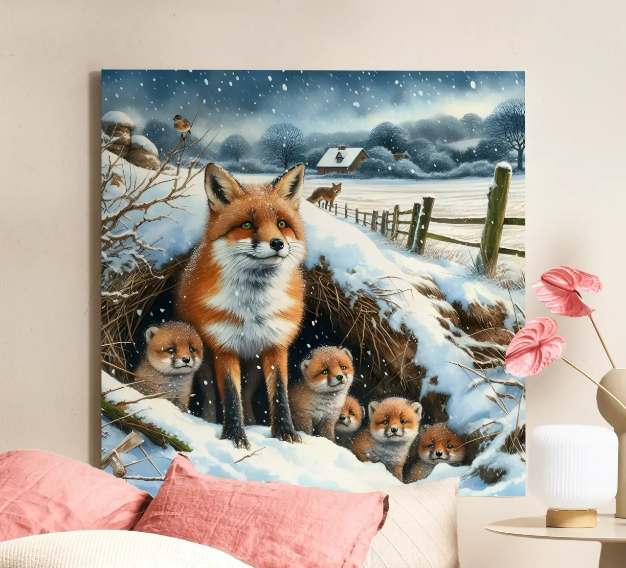 Fox And Cubs At Christmas canvas with Floater frame by ARTOMATIC