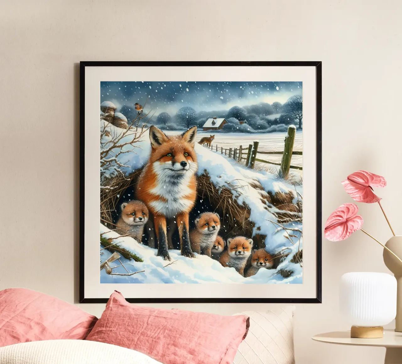 Zorro y cachorros en Navidad poster con marco de madera de ARTOMATIC