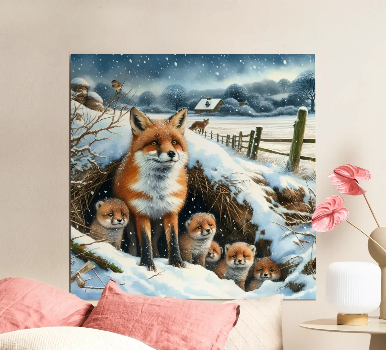 Zorro y cachorros en Navidad poster con marco de madera de ARTOMATIC