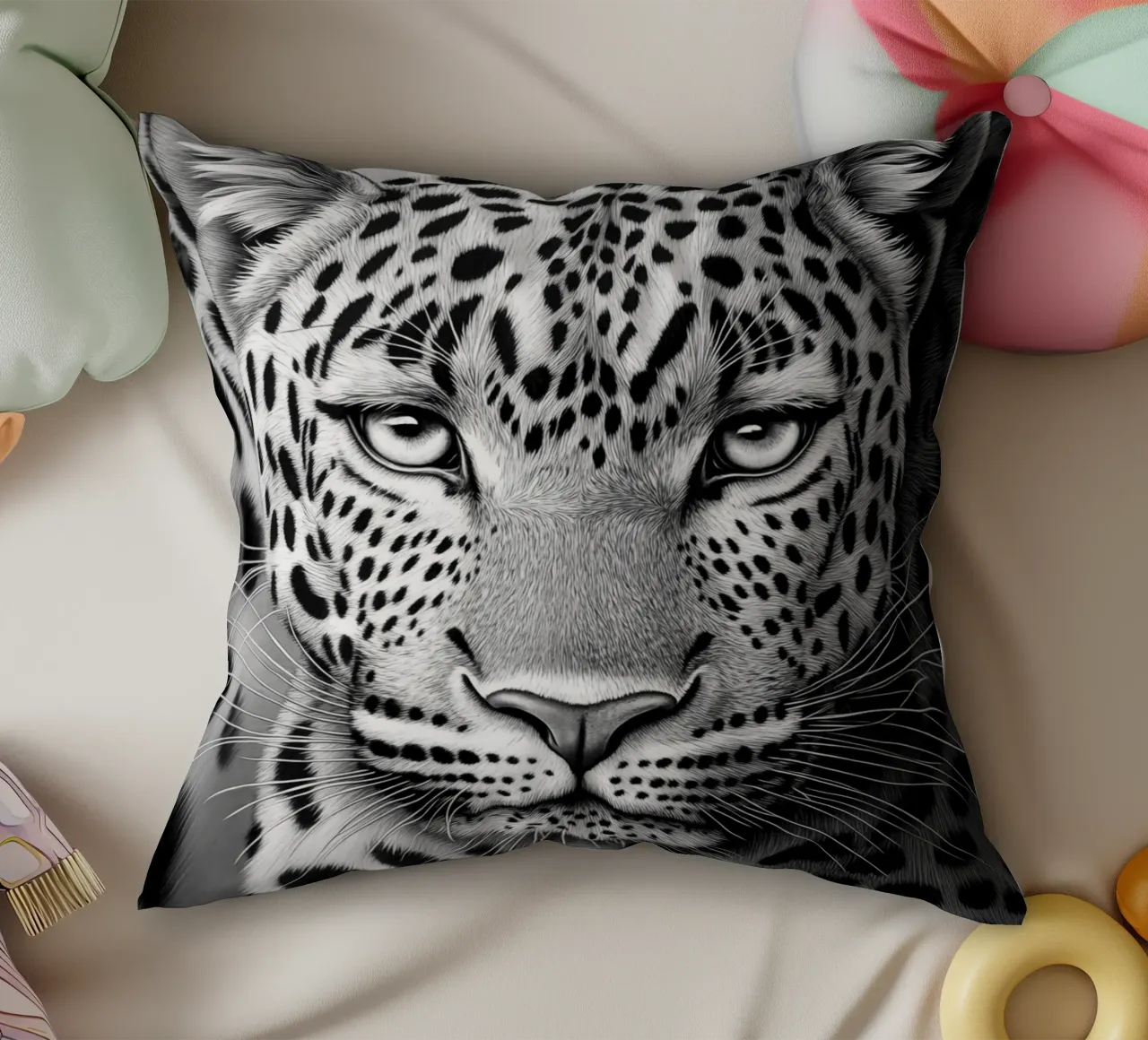 Ritratto di leopardo - Disegno in bianco e nero cuscino da Autofocus