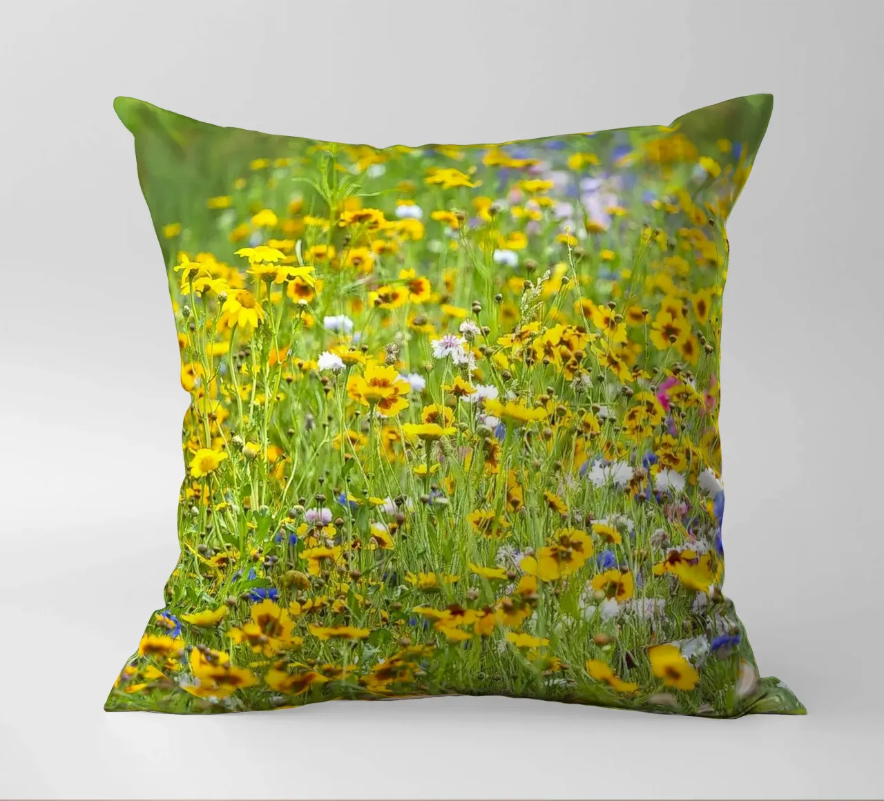 A Meadow of Wonder: Vibrant Wildflower Field decorative cushion by Curious Collections by Marielle Leenders