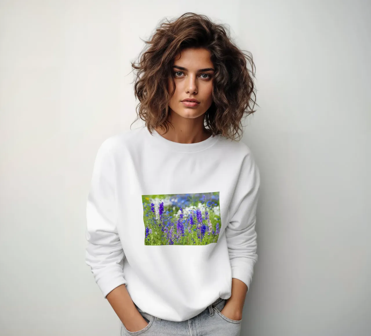 A Sea of Serenity: Purple Delphinium Field sweatshirt by Curious Collections by Marielle Leenders