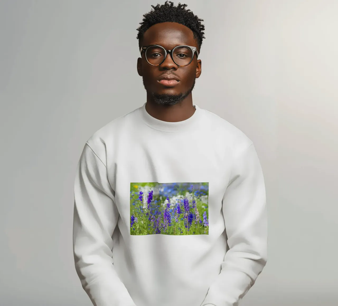 A Sea of Serenity: Purple Delphinium Field sweatshirt by Curious Collections by Marielle Leenders