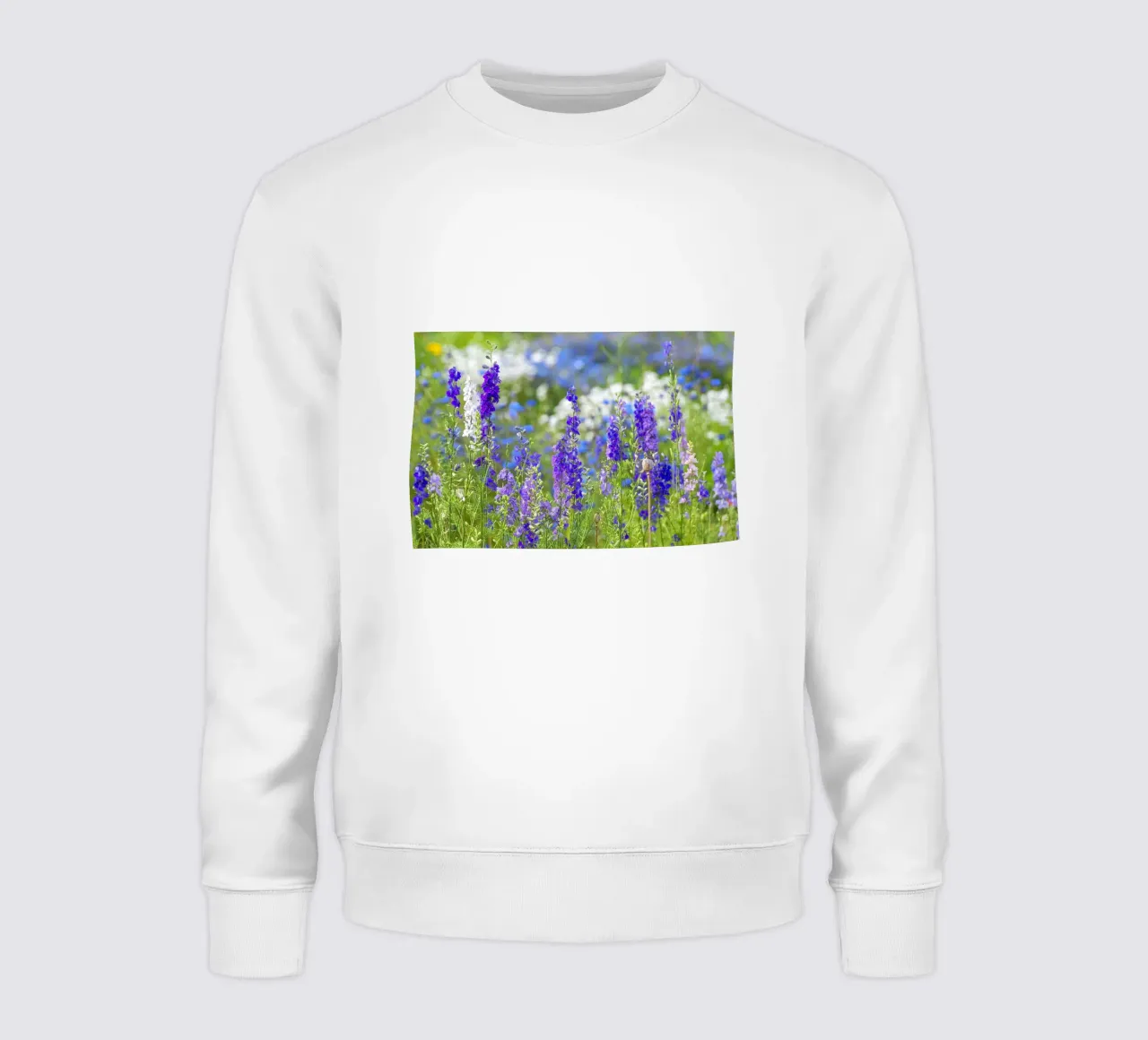 A Sea of Serenity: Purple Delphinium Field sweatshirt by Curious Collections by Marielle Leenders