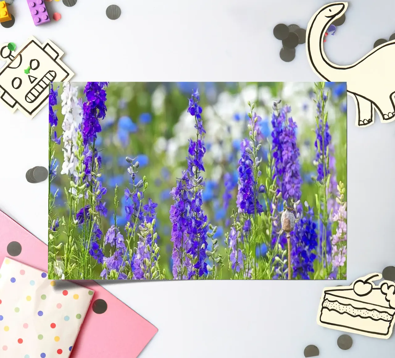 Un mare di serenità: Campo di delphinium viola foglio adesivo da Curious Collections by Marielle Leenders