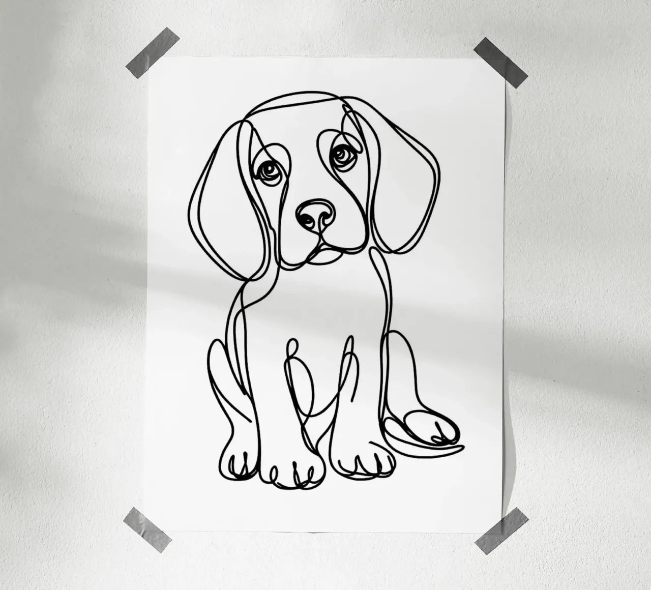 Dessin au trait d'un chien beagle poster avec cadre en bois de WijdevenDesign