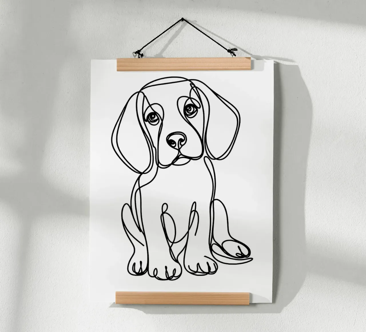 Dessin au trait d'un chien beagle poster avec cadre en bois de WijdevenDesign
