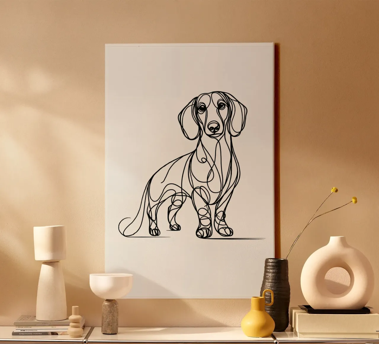 Cane bassotto Line Art tela con Cornice a cassetta da WijdevenDesign