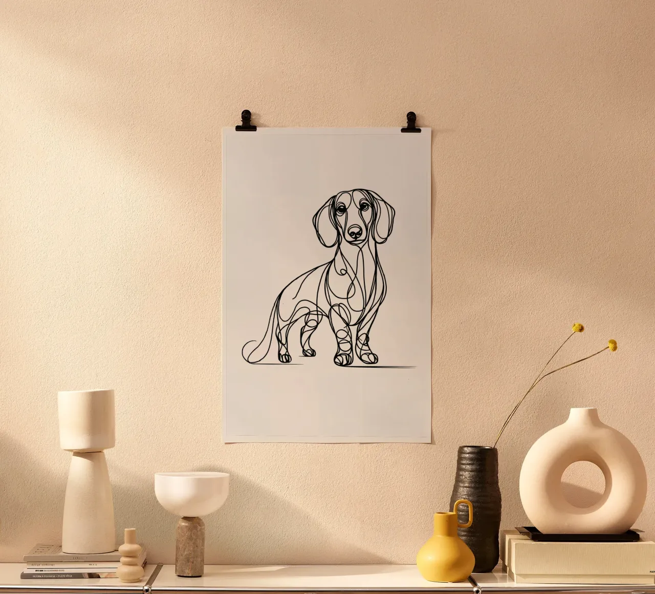 Cane bassotto Line Art poster con telaio in alluminio da WijdevenDesign