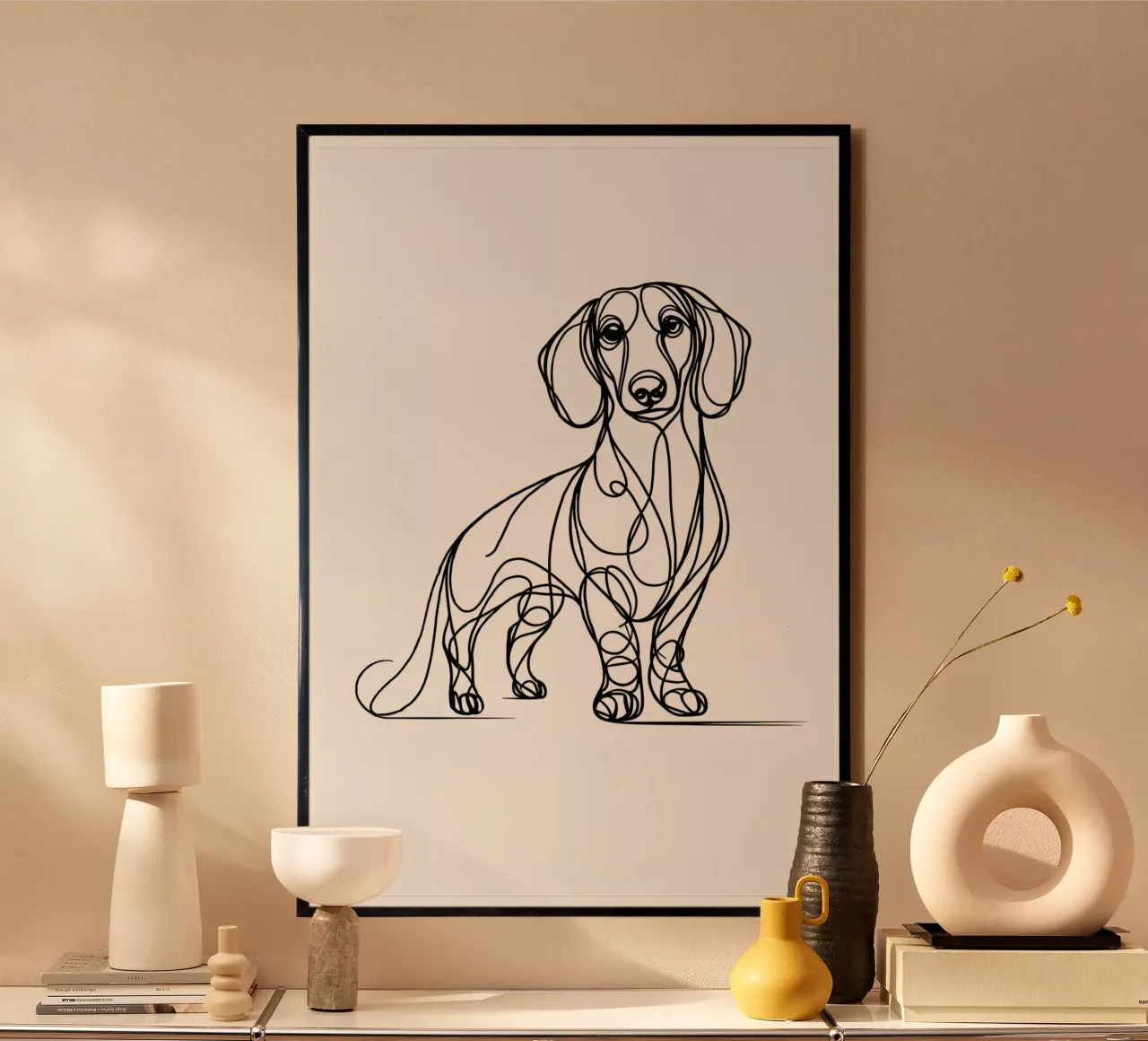Cane bassotto Line Art poster con telaio in alluminio da WijdevenDesign