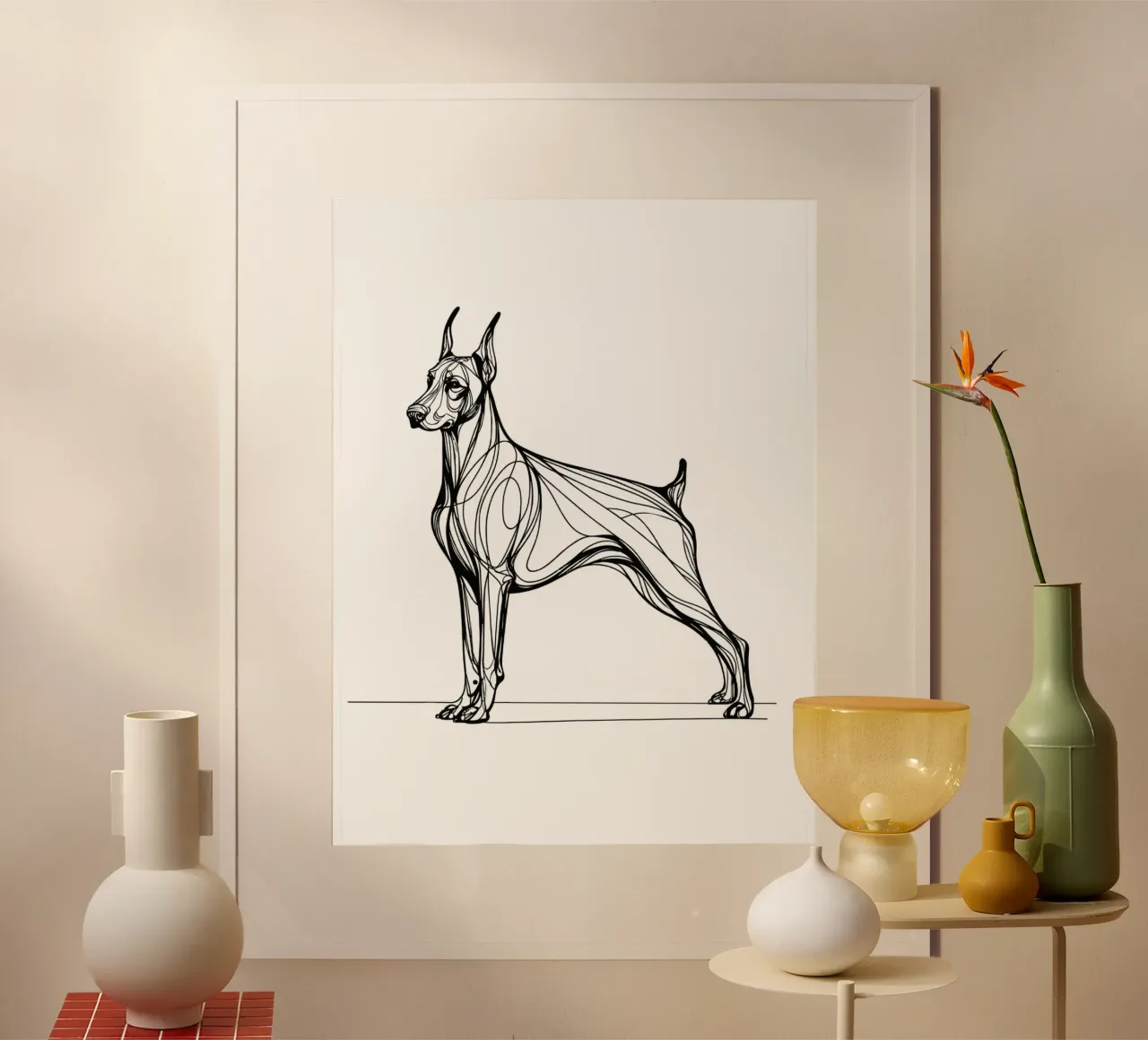 Linea d'arte del cane Doberman Pinscher poster con telaio in legno da WijdevenDesign