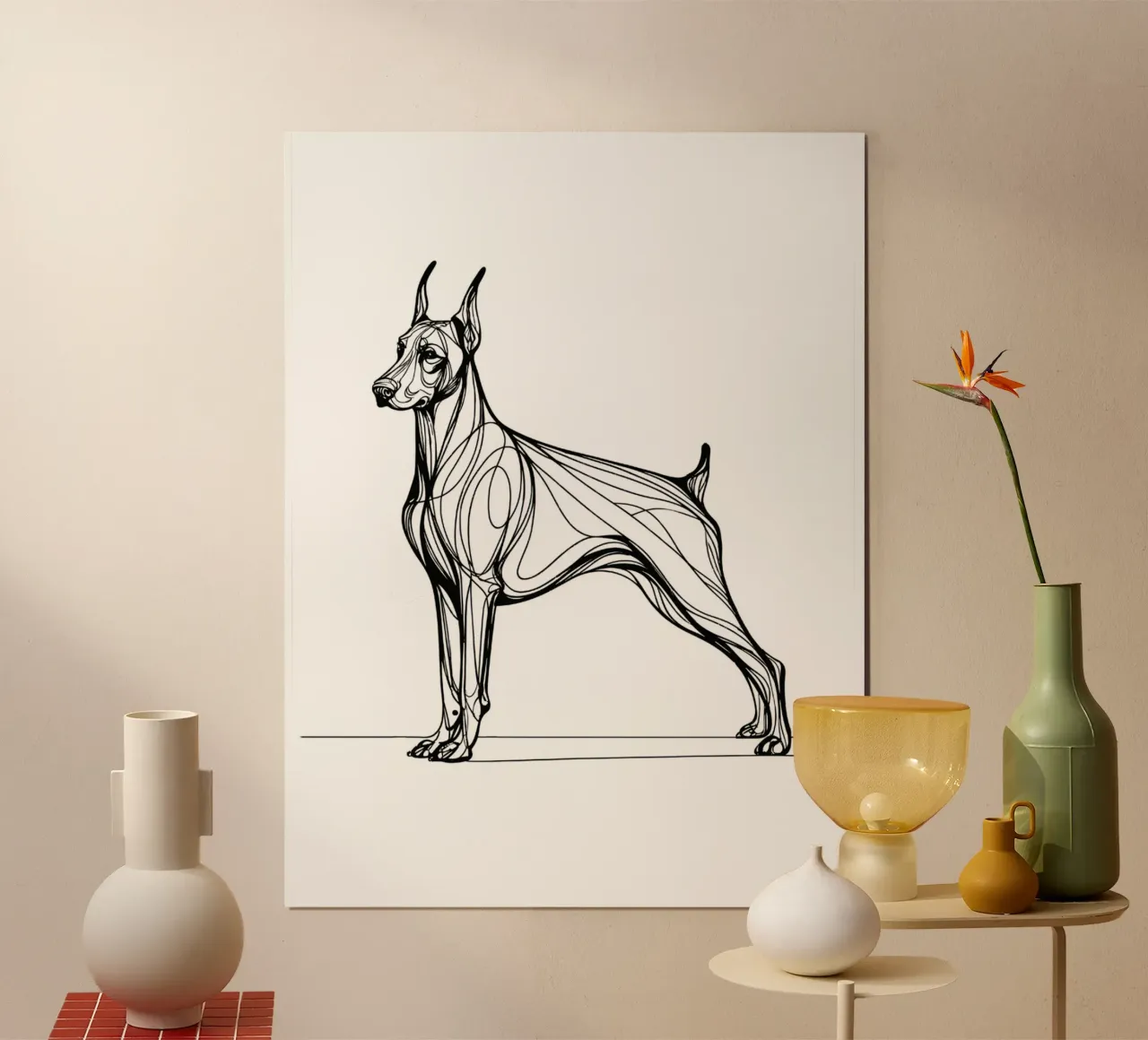 Linea d'arte del cane Doberman Pinscher poster con telaio in legno da WijdevenDesign