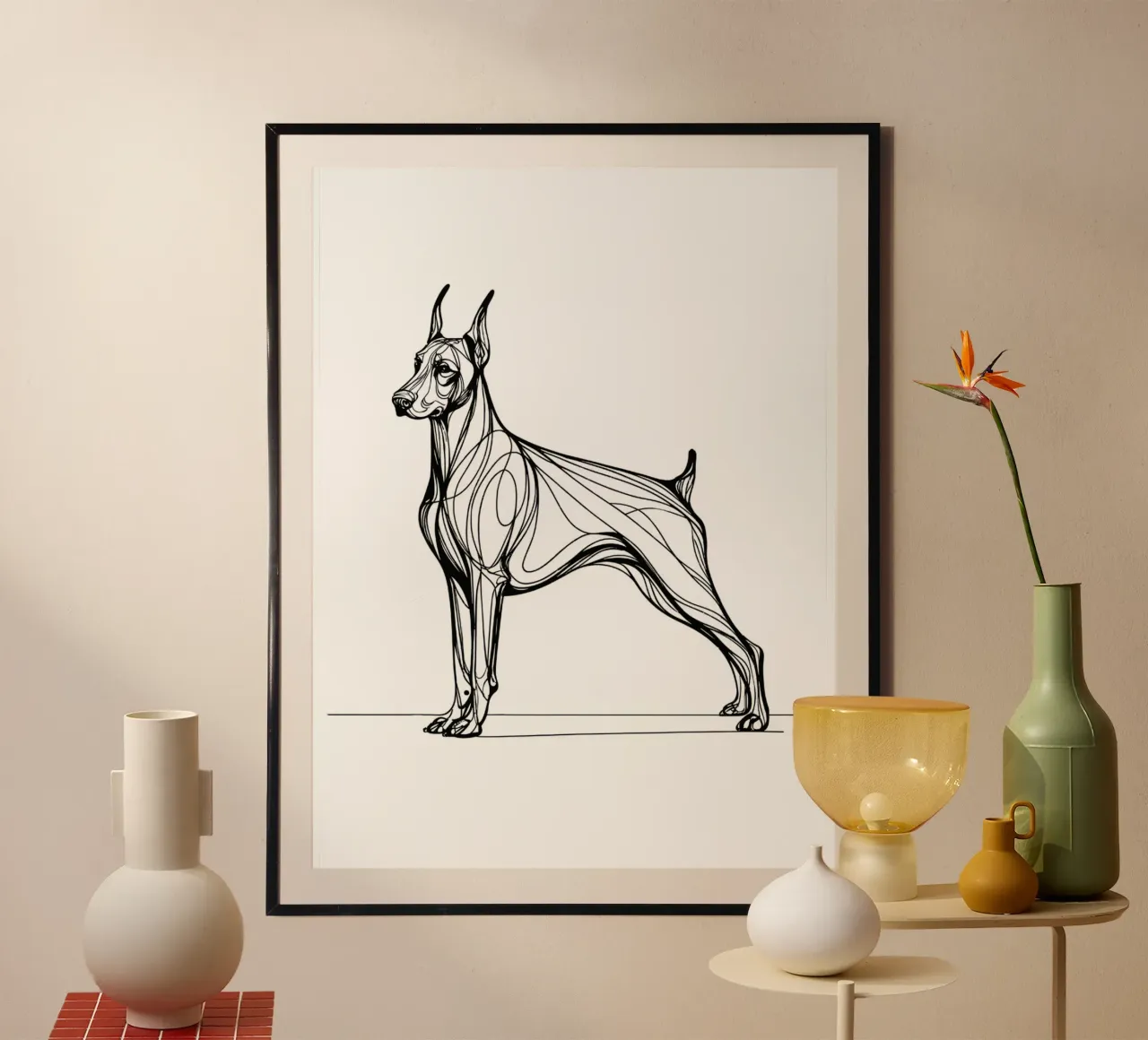 Linea d'arte del cane Doberman Pinscher poster con telaio in legno da WijdevenDesign