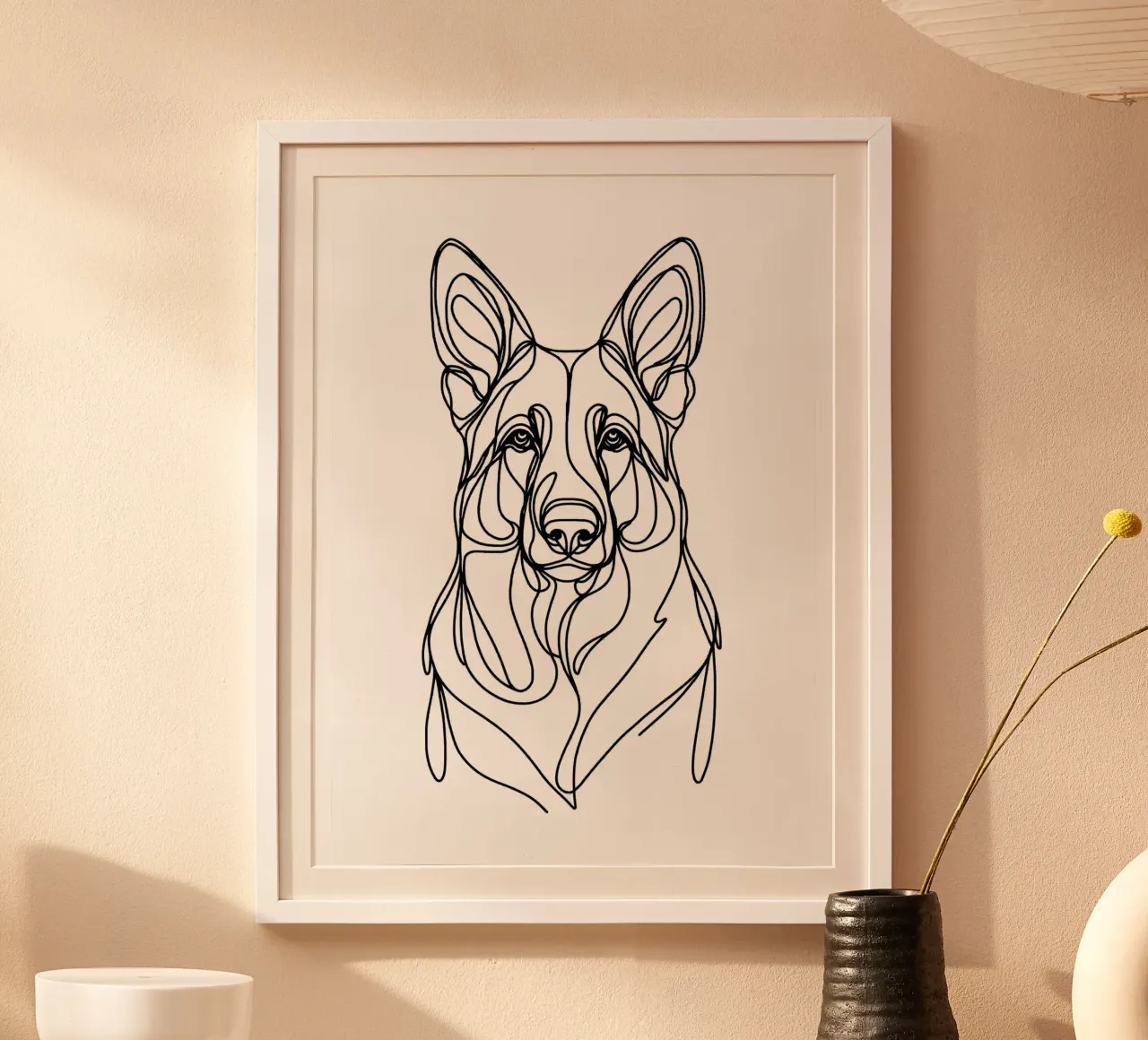 Cane da pastore tedesco Line Art poster con telaio in legno da WijdevenDesign
