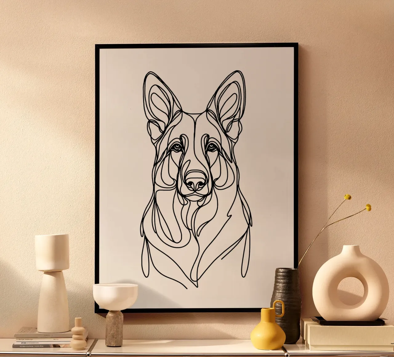 Cane da pastore tedesco Line Art poster con telaio in legno da WijdevenDesign