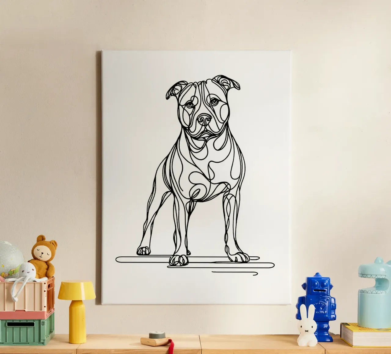 Dessin au trait d'un chien Pitbull toile avec Caisse américaine de WijdevenDesign