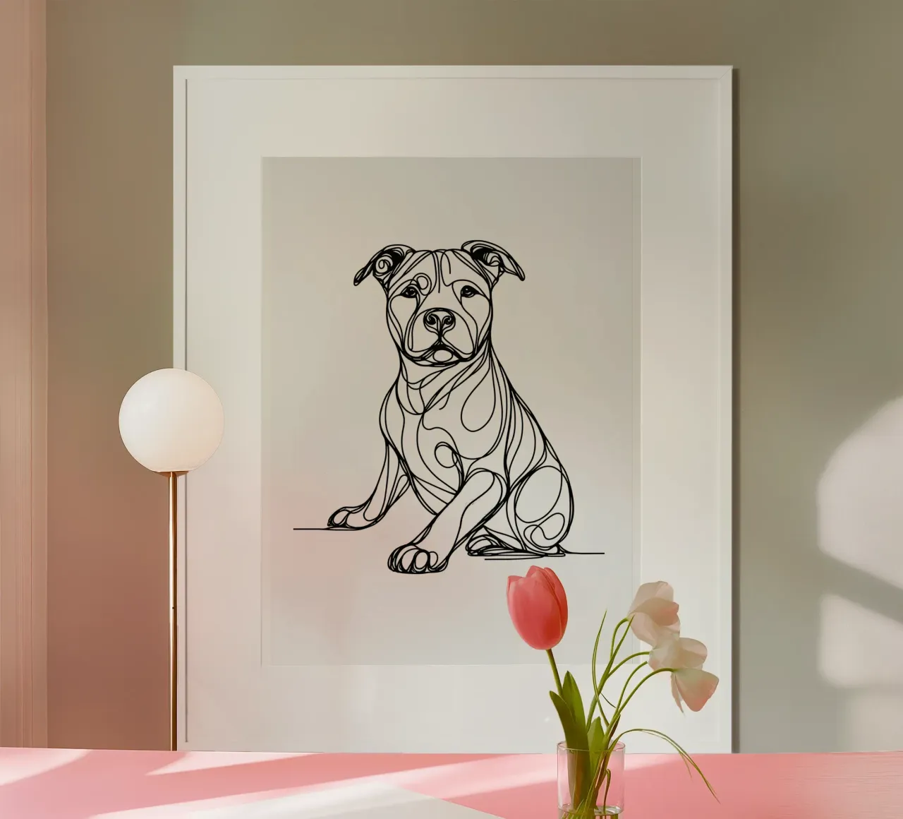 Disegno lineare del cane Pitbull poster con telaio in alluminio da WijdevenDesign