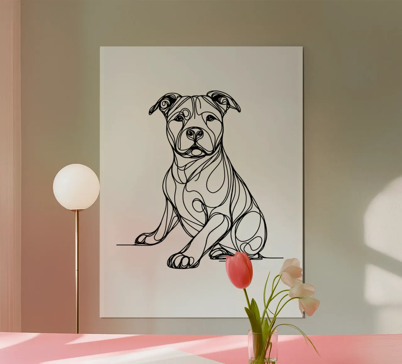 Disegno lineare del cane Pitbull poster con telaio in alluminio da WijdevenDesign