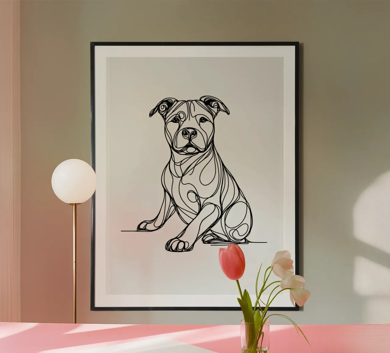 Disegno lineare del cane Pitbull poster con telaio in alluminio da WijdevenDesign