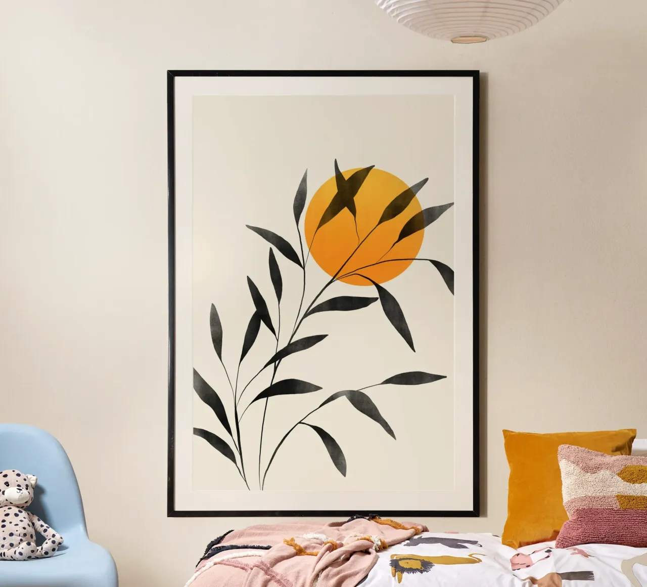 Cats & Dotz - Blad en zonsondergang poster met houten frame van The Artcircle