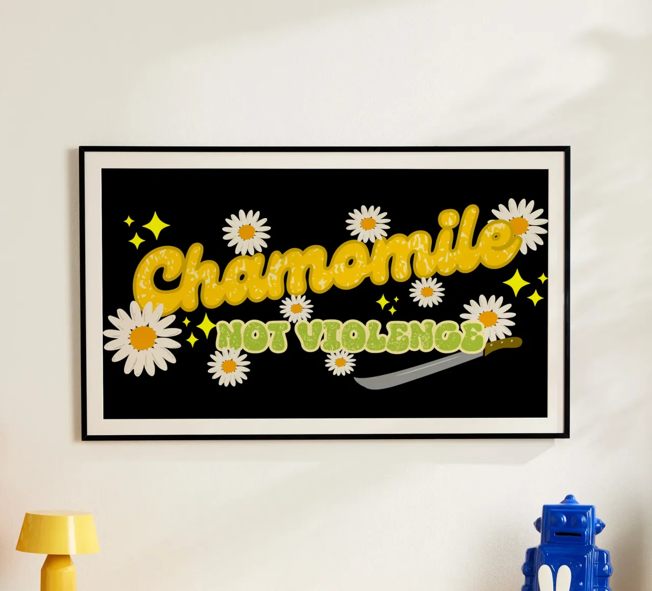 Camomilla Non Violenza poster con telaio in legno da sillyindustries