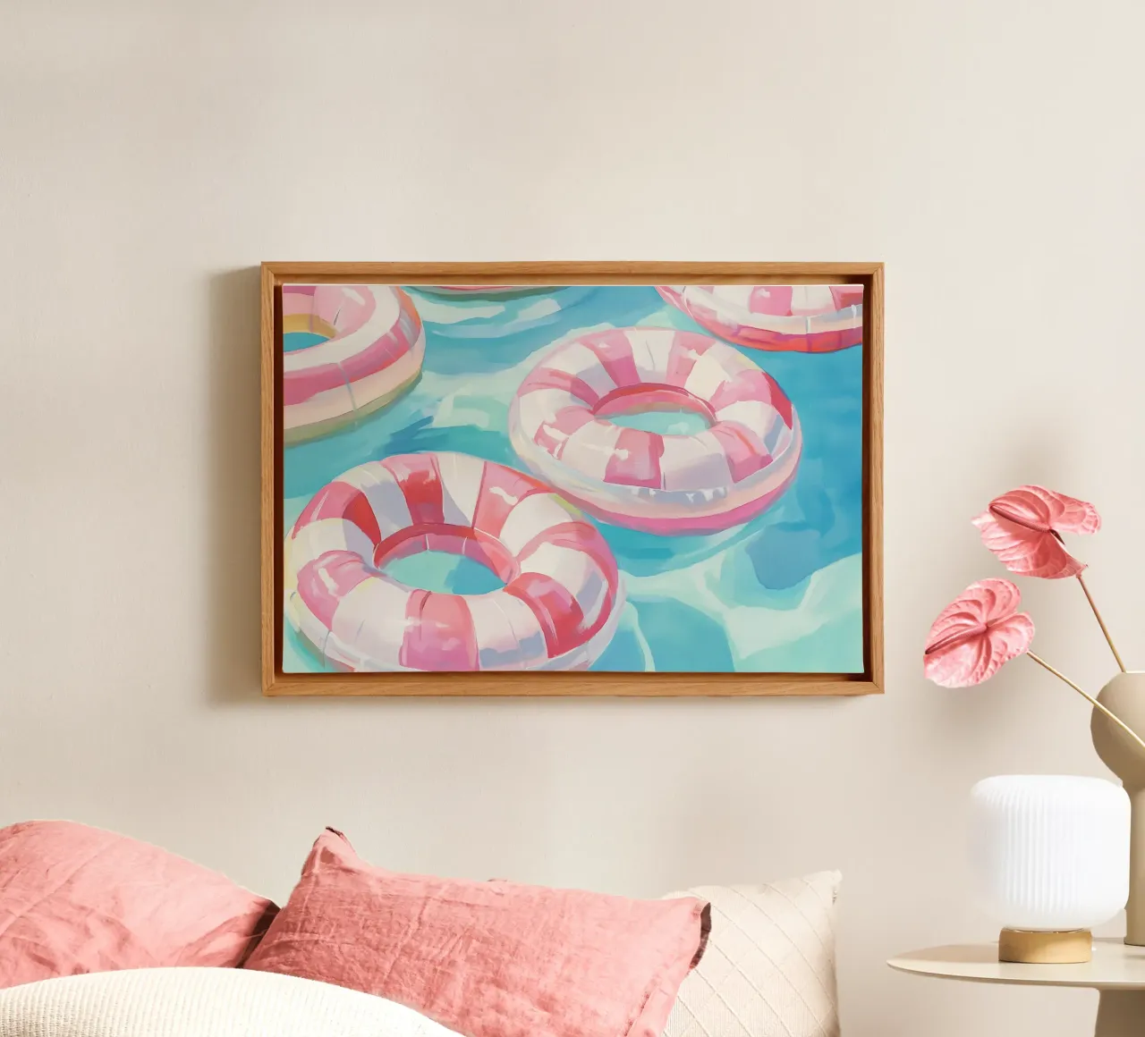 Pink floating tyre fun canvas with Floater frame by Carinaprint