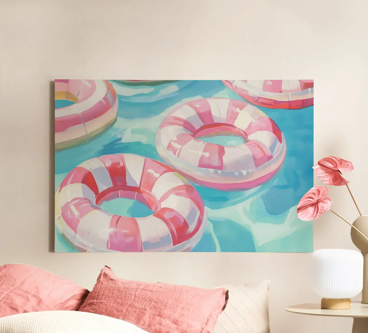 Pink floating tyre fun canvas with Floater frame by Carinaprint