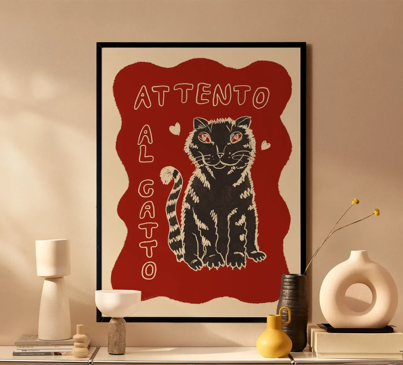 Attento al Catto - Katze grau poster con telaio in legno da Studio Dolci