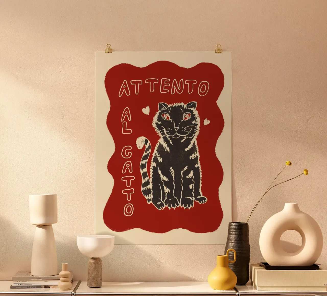 Attento al Catto - Katze grau poster con telaio in legno da Studio Dolci