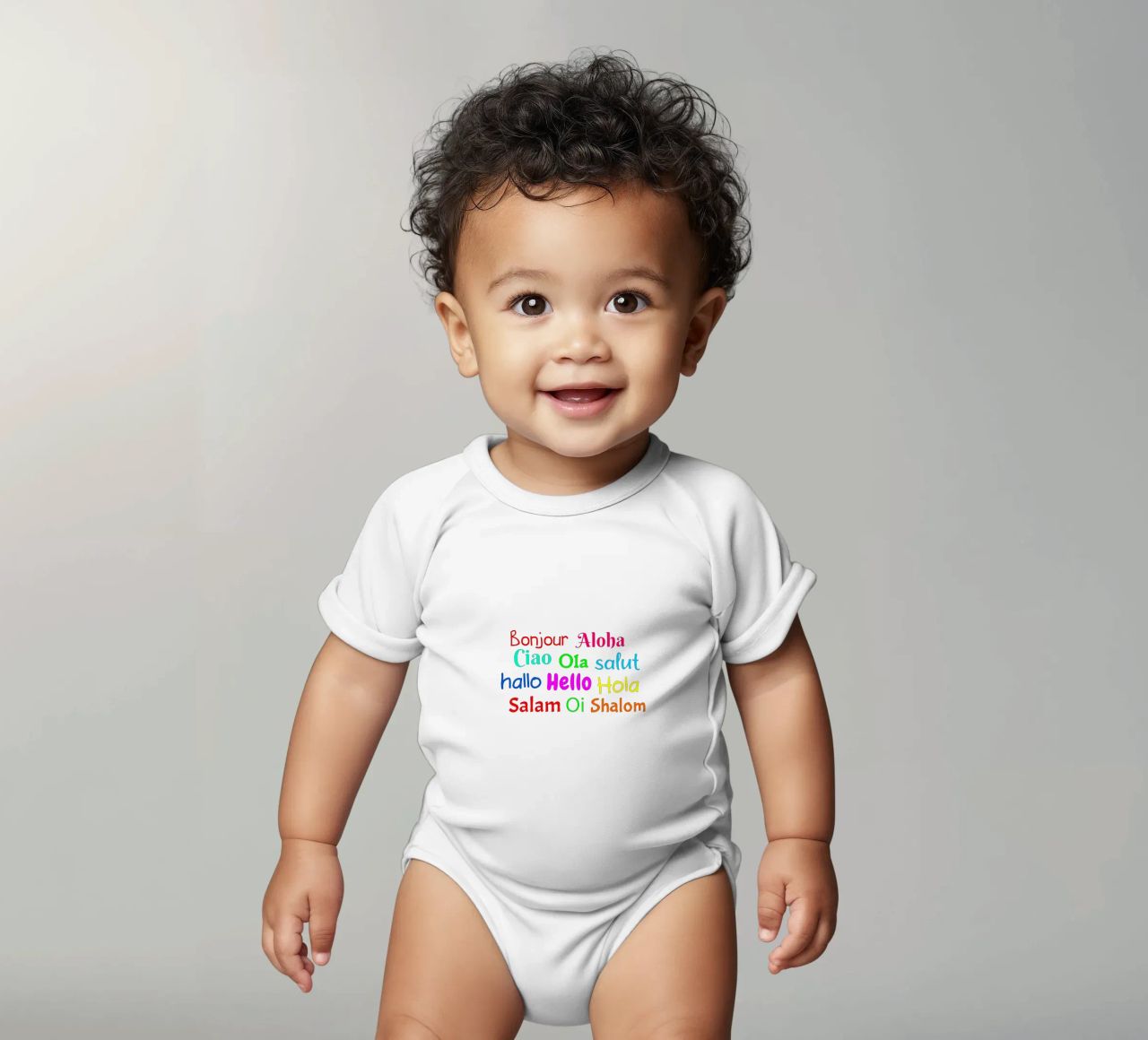 Hello in different languages body neonato maniche corte da happieeagle