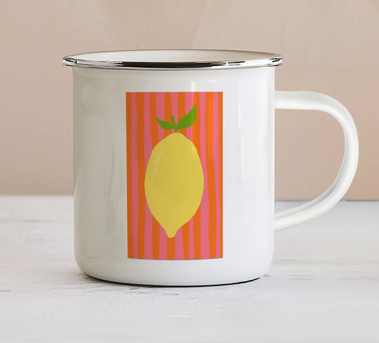 Zitrone pink gestreift enamel mug by Studio Dolci