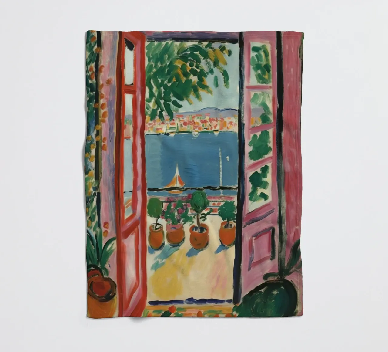 Colour explosion at the window: inspiration from Matisse fleece blanket by Nikis Art Studio