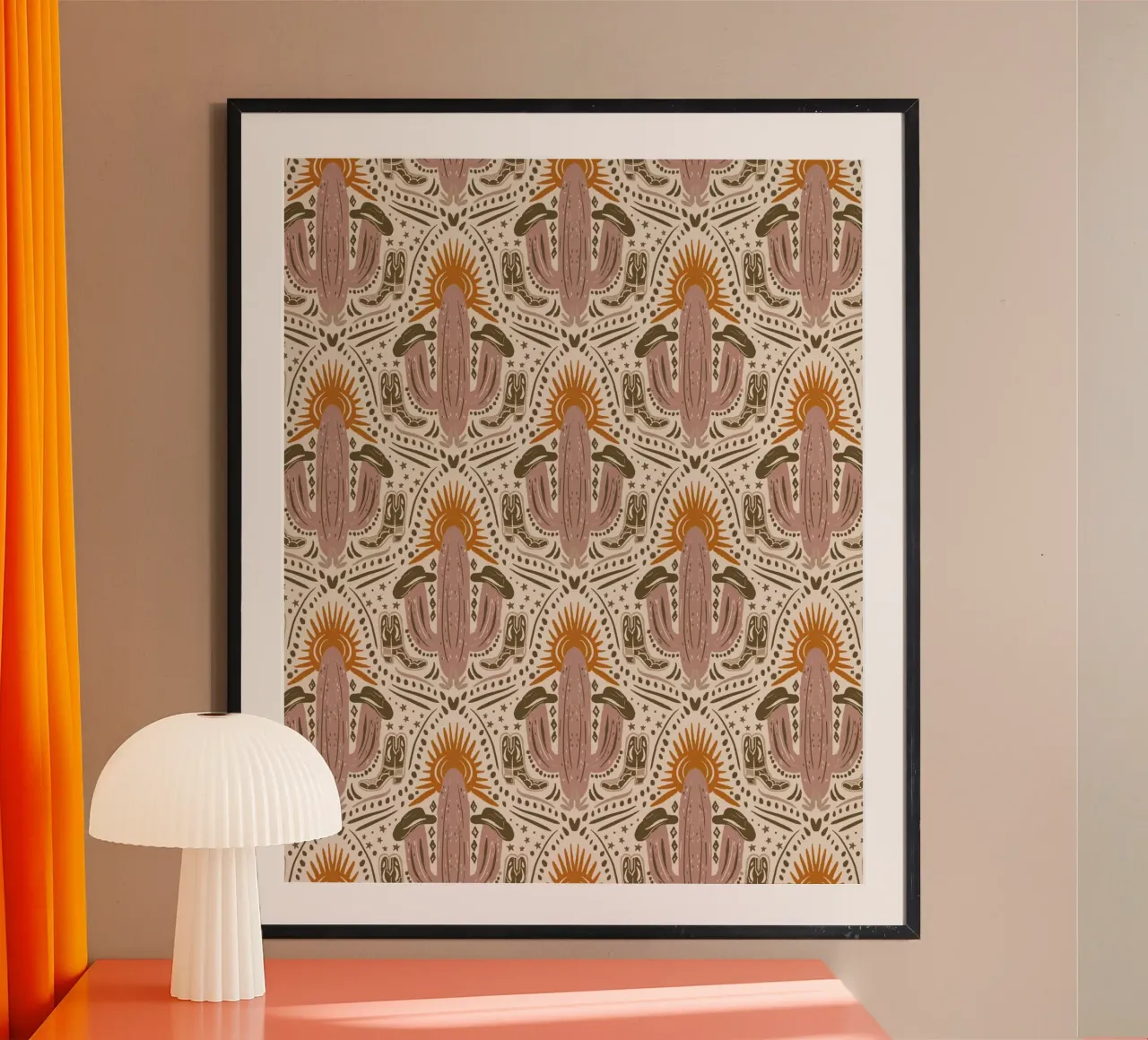 Western Sunset Beige Pattern poster con telaio in alluminio da anisillustration