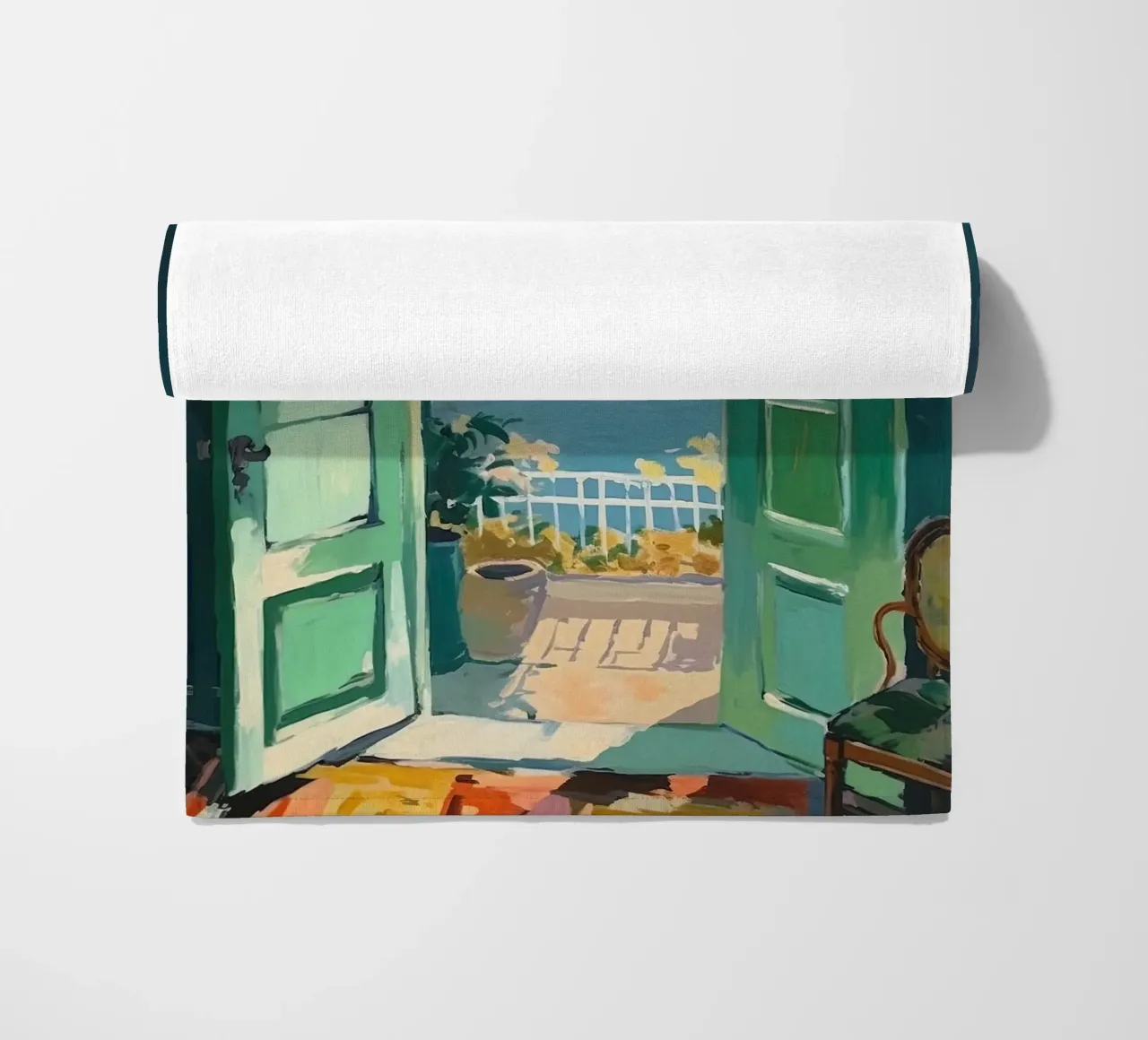 Light and life: A window into art beach towel by Nikis Art Studio