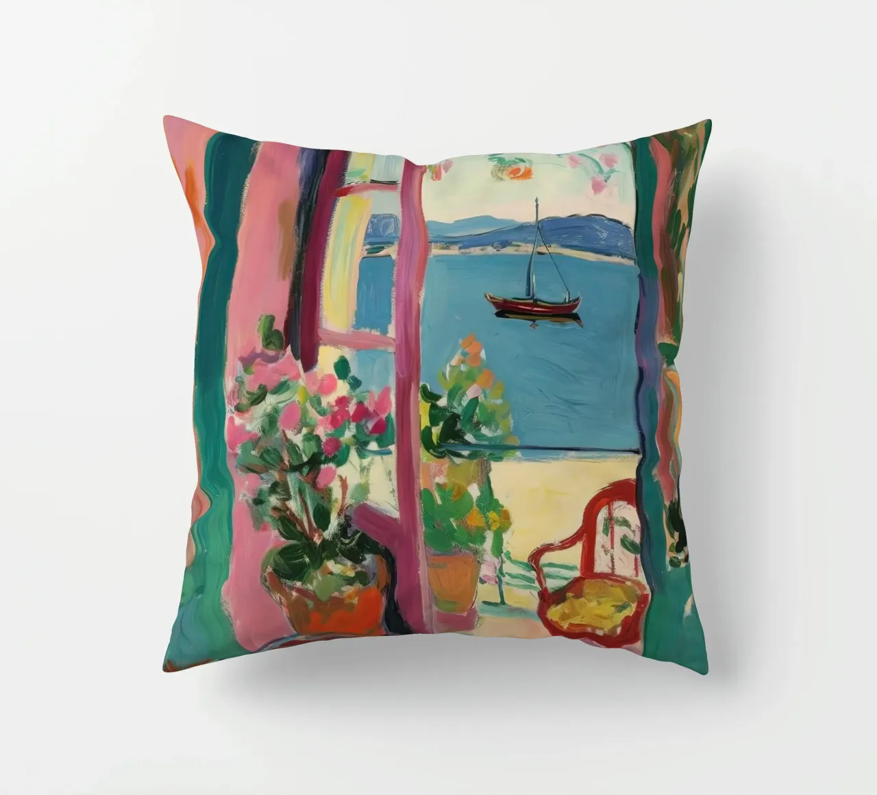 Open window, open dreams decorative cushion by Nikis Art Studio