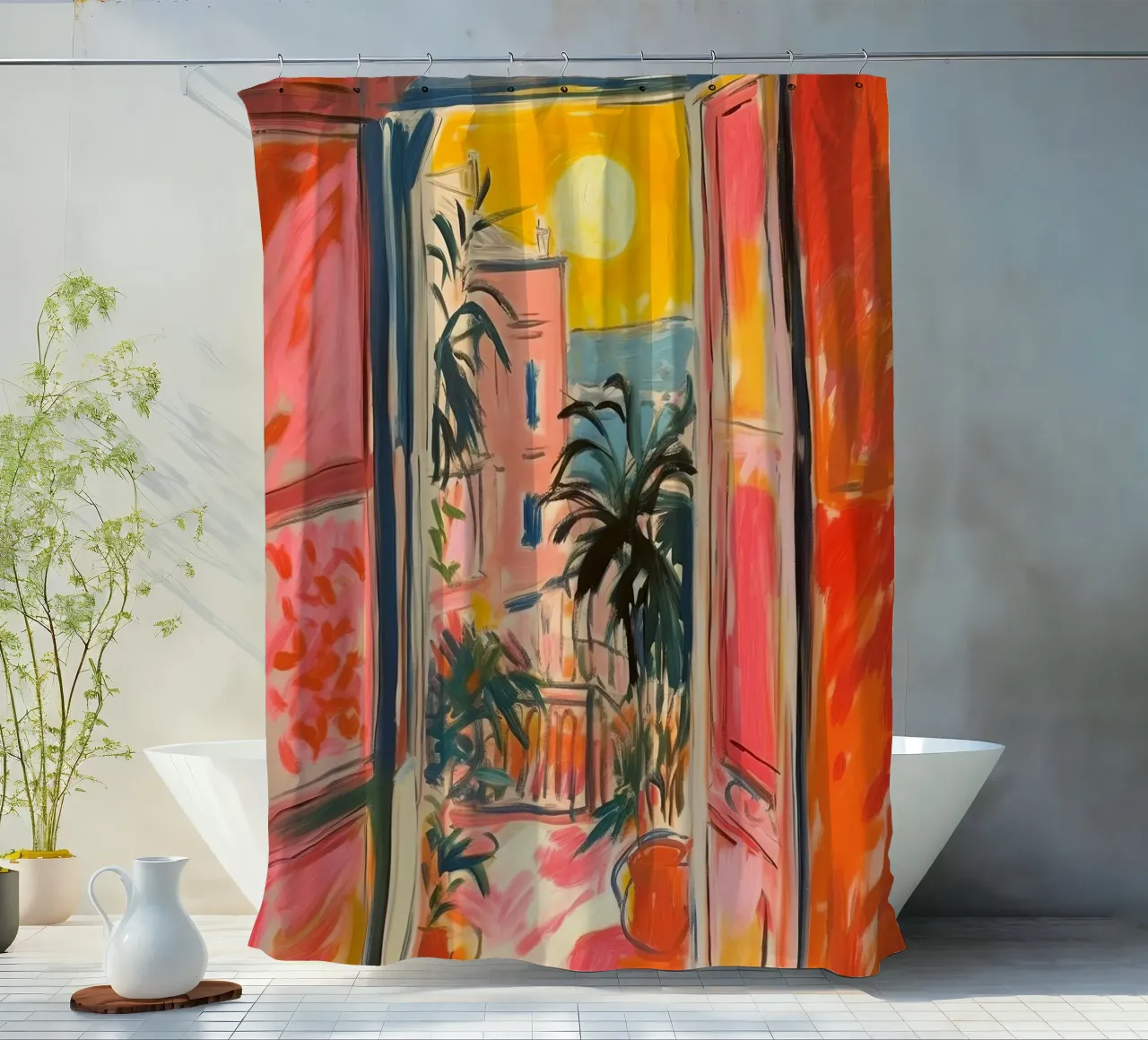 Open Window "Open horizons: A view full of colours" shower curtain by Nikis Art Studio