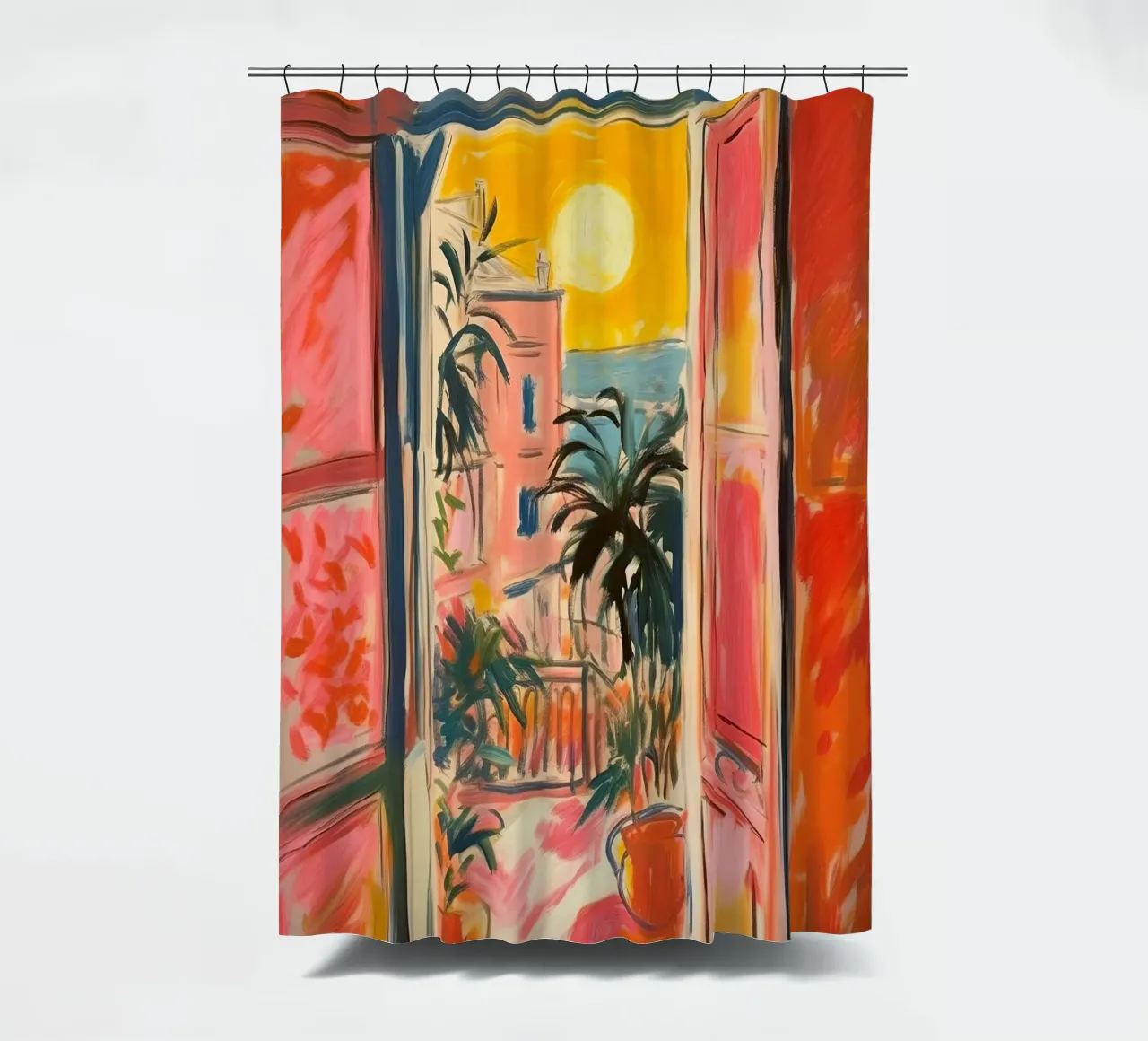 Open Window "Open horizons: A view full of colours" shower curtain by Nikis Art Studio