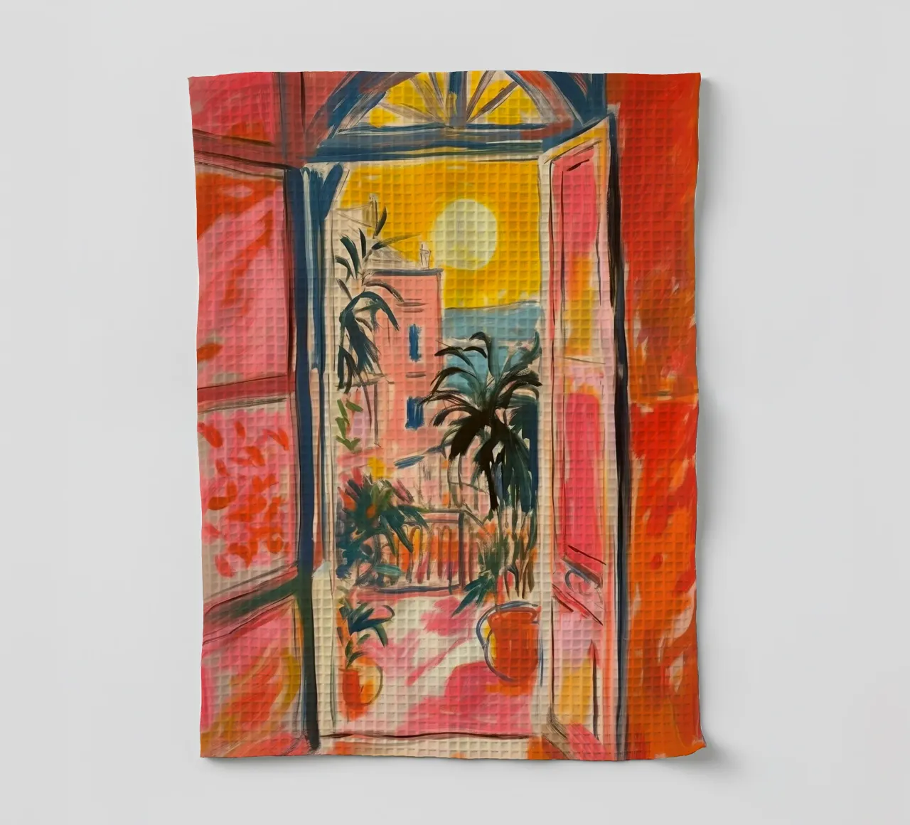 Open Window "Open horizons: A view full of colours" tea towel by Nikis Art Studio