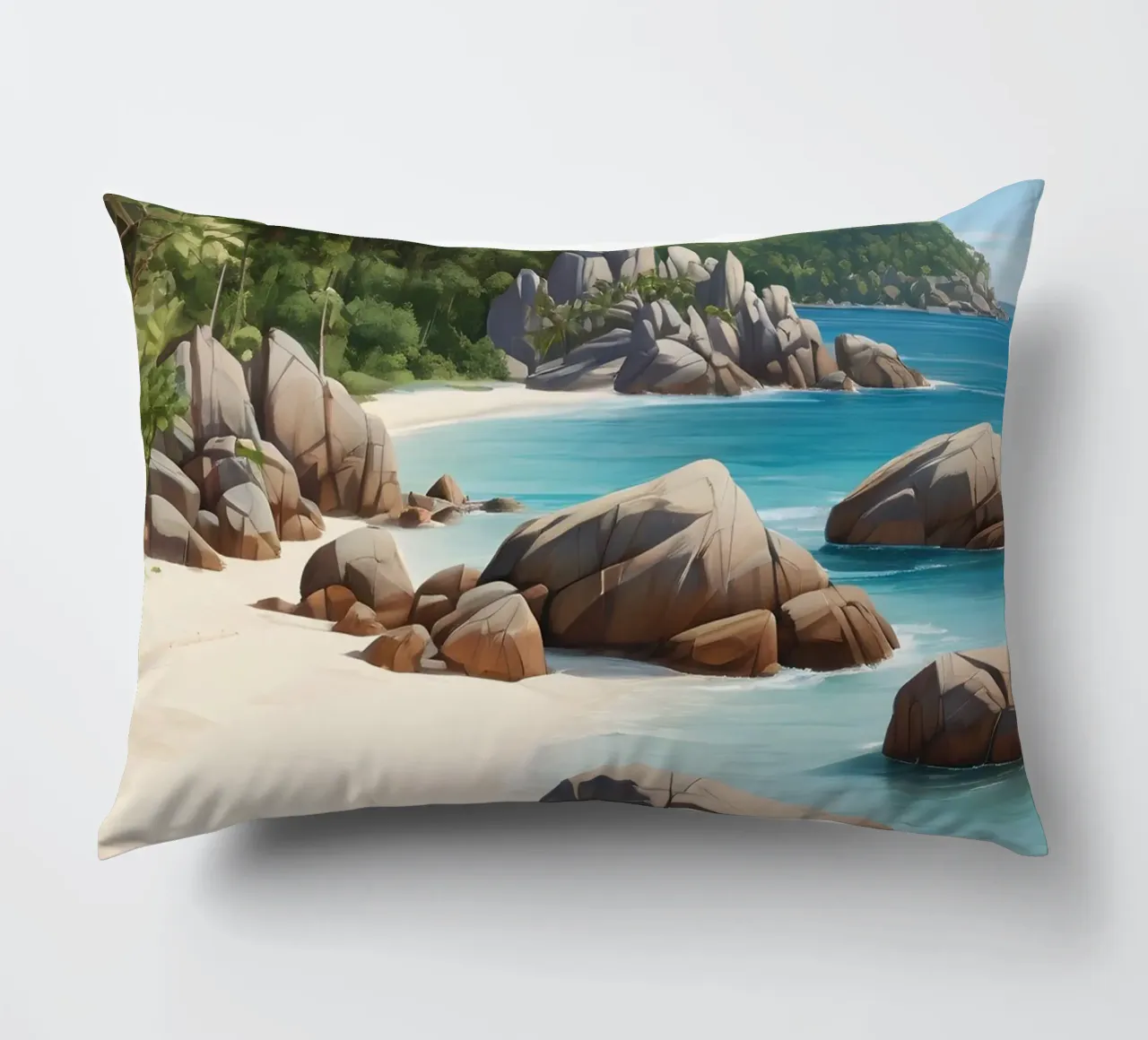 Spiaggia tropicale rocciosa cuscino da Charnwood Prints